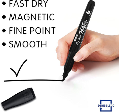 Scribbledo 12 Pack Magnetic Dry Erase Markers, Black Fine Tip with Eraser Cap for Home, School & Office