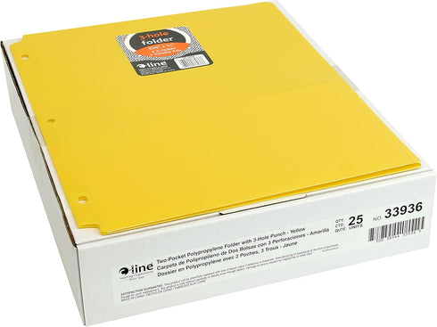 C-Line Two-Pocket Heavyweight Poly Portfolio Folder, Box of 25, Yellow (33936-25) with Three-Hole Punch