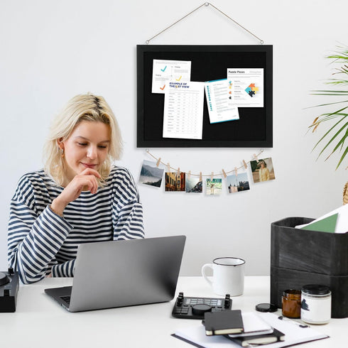Black Cork Board with Linen Double-Sided, 16''X 12'' Wall Mounted Bulletin Board for Office Home School