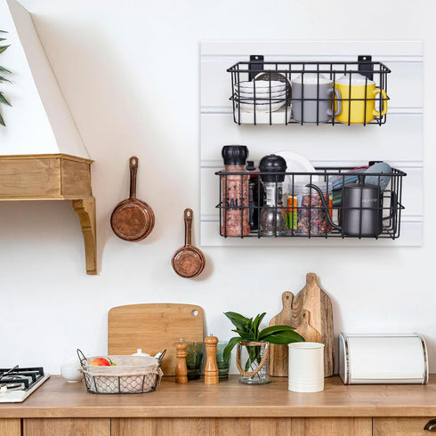 4Pcs Slatwall Basket Set, Ventilated Metal Slatwall Baskets for PVC Slatwall, Mounted Storage Display on Garage