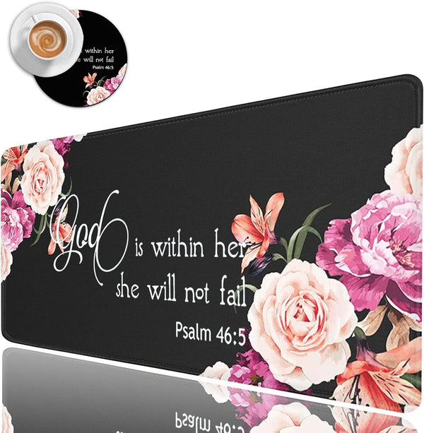 Large Gaming Mouse Pad, Extended Ergonomic Desk Pad, 31.5'' X 11.8', Stitched Edges, Peony Flower Psalm 46:5, Cup