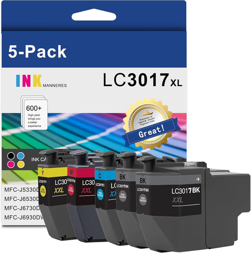 LC3017XL High Yield Ink Cartridges (5-Pack, 2 Black/1 Cyan/1 Magenta/1 Yellow) Compatible for Brother MFC-J5330DW