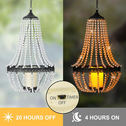 SUNNYPARK 27 Hanging Candle Lantern Outdoor, Battery Operated Modern Clear Acrylic Crystal Chandeliers with Flickering
