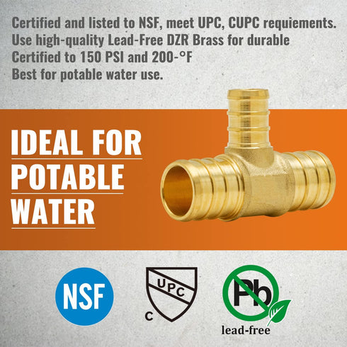 SUNGATOR 6-Pack 3/4" X 3/4" X 1/2" PEX Reducing Tee, No Lead Brass Crimp Fitting