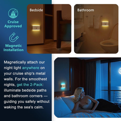 2-Pack Motion Sensor Night Light Cruise Approved, Magnetic & Rechargeable with USB, RGB Color-Changing Modes, LED Auto
