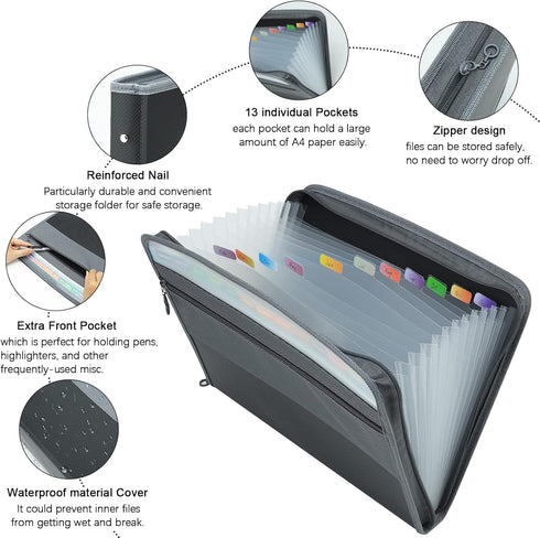 NAFY Expanding File Folders - 13 Pockets Document Organizer with Zipper, A4 Letter Size, Black 4 Pack