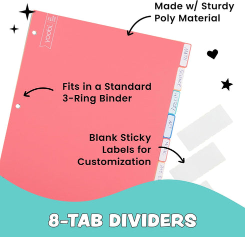 Yoobi 1/2 Inch Multicolor Binder & 8-Tab Divider Set - 4-Pack of 3-Ring Binders with 2 Pockets for School