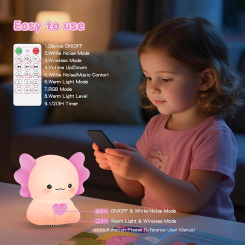 20 Axolotl White Noise Machine for Baby Sleep - Portable Night Light Sound Soother with Sleep Sounds, Wireless Speaker