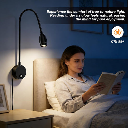 3 Dimmable, 360Flexible 3000k-6000k-1 Pack ERAY LED Wall Mounted Reading Light, Bedside Reading Lights for Bed