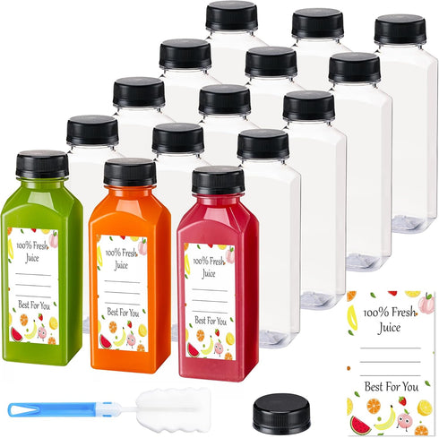 BOOMIBOO Juice Bottles with Caps, 15Pcs 12oz Clear Reusable Water Bottles for Juicing, Smoothie Containers