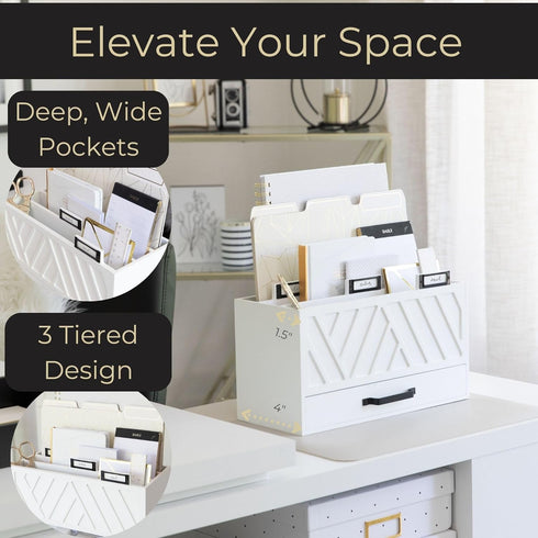 BLU MONACO Mail Organizer for Home, White Wooden Desk Bill Organizer with Drawer for Kitchen Countertop