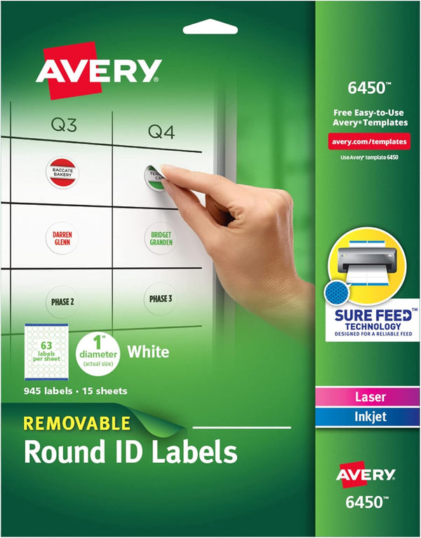 Avery Multiuse Removable 1" Round Labels, 945 Small White Labels for Organization and Storage