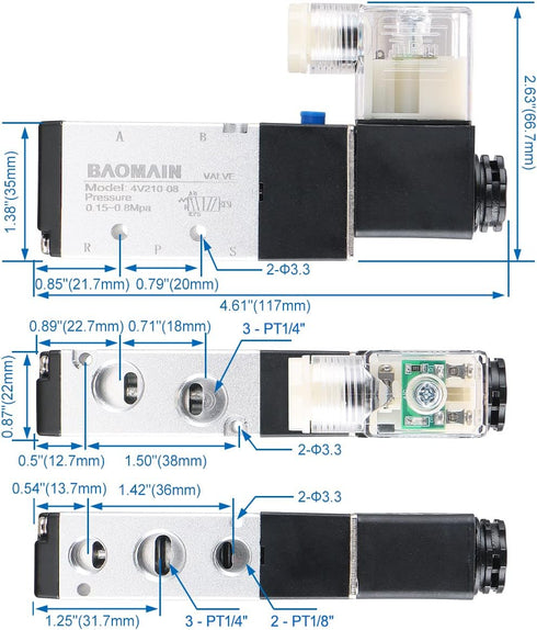 Baomain Pneumatic Air Control Solenoid Valve, 4V210-08, 220V AC, 5 Way 2 Position
