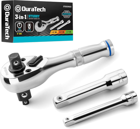DURATECH Stubby Ratchet Set, 3-IN-1 Ratchet Handle with Extension Bars, Alloy Steel