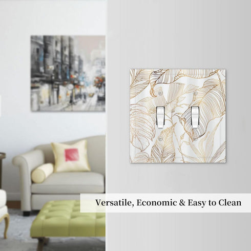 2 White Gold Tropical Palm Leaves Banana Leaf Double Toggle Light Switch Cover Decorative Gang Wall Plate Electrical