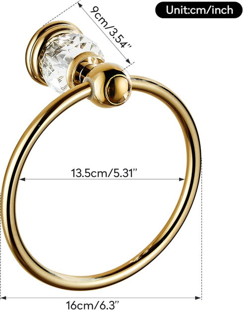 WINCASE Crystal Towel Ring, Gold Towel Holders for Bathrooms, Round Hand Towel Rack, Wall Mounted