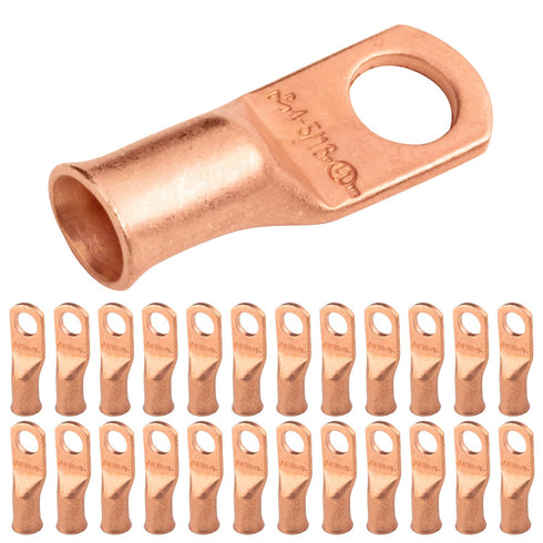 SELTERM 25pcs 4 AWG Battery Lugs, 5/16" Stud Ring Terminals, Heavy Duty Copper Wire Lugs, UL Bare Copper