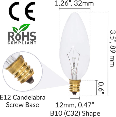 B10 25W E12 (12 Pack) Bulbs 120V Dimmable, 2700K Simba Lighting Candelabra Torpedo Clear CTC Base Decorative