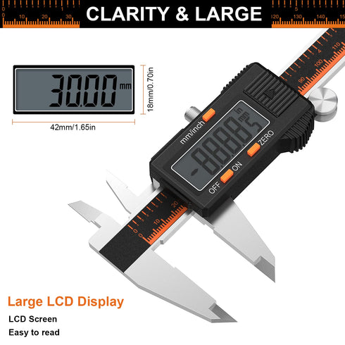 HARDELL Digital Caliper, 6 Inch Stainless Steel Measuring Tool, Large LCD Screen, Electronic Micrometer