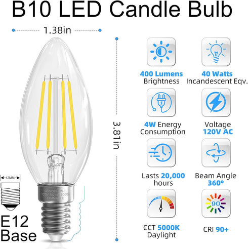 E12 Bulb 40 E12 Bulb Dimmable Bulbs, 5000K B10 Bulbs, 90+CRI, 400LM, 12 Pack GvvooHome Candelabra watt Equivalent, LED