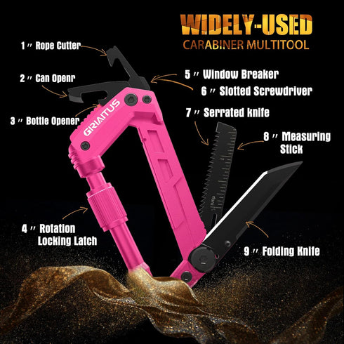Carabiner Multitool with Pocket Knives, 8-in-1 EDC Carabiners, Folding Serrated Knife, Can Bottle Opener, Rope Cutter, Screwdriver, Keychain Knife for Camping Hiking, Gifts for Women/Men (Pink) by GIRIAITUS