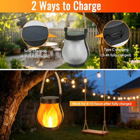 2 Pack 2 Upgraded Solar Lanterns, Solar Lights Outdoor, Solar Flame Lanterns, Lighting Modes & Dual Charging Way USB