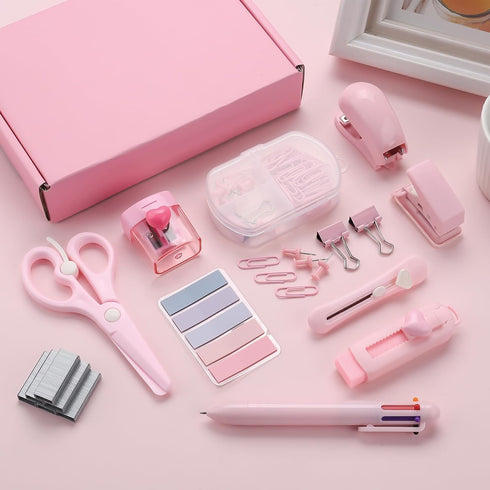 Pink Mini Office Supply Kit, Mini School Supplies Set, Includes Mini Stapler, Scissor, Paper Clips