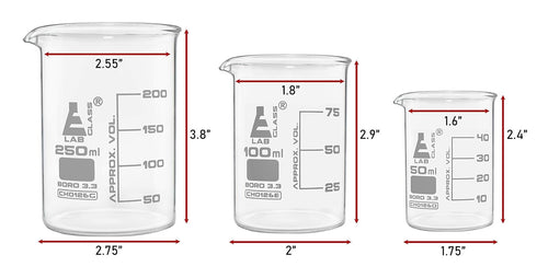 EISCO Premium 3pc Glass Beakers Set - Low Form Lab Beakers, 50mL, 100mL, 250mL, Borosilicate 3.3 Glass