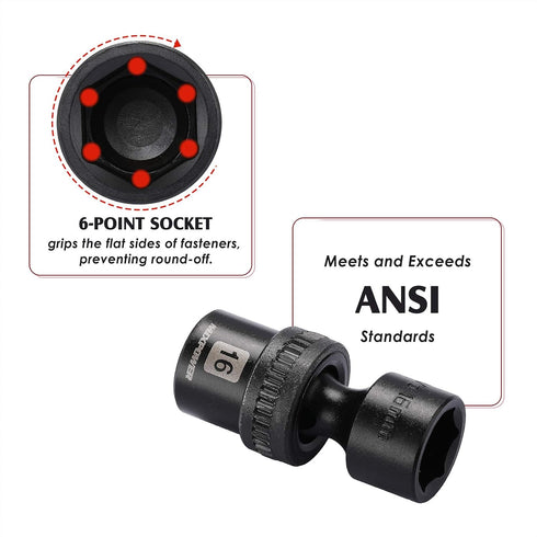 10-piece 3/8" Set, Metric,10-19mm, MIXPOWER Drive Shallow Universal Impact Socket Swivel Socket with Flexible Wobble