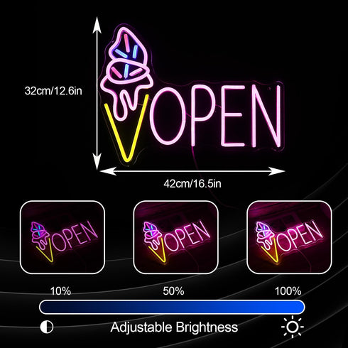 Dimmable 16.5 12.6 Ice Cream Open Neon Sign LED Light up Ice Cream Sign Dessert Open Wall Decor Sign for Business Store