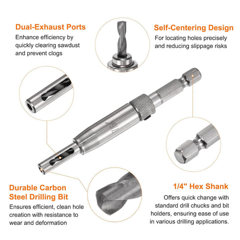 Self Centering Drill Bit Set 7/64", 1/4" Hex Shank Drilling Bits for Wood Working with Hex Keys
