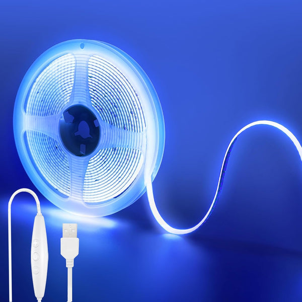 5V USB COB LED Strip Lights with Dimmable Switch,9.84FT/3M,Blue,320LEDs/M,8mm Width,Not Waterproof IP20,1.5M