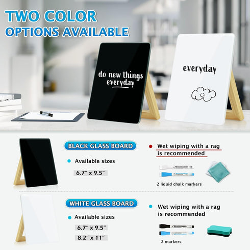 Desktop Black Glass Dry Erase Board, Small Whiteboard with Adjustable Wood Stand, 9.5" x 6.7" for Home Office