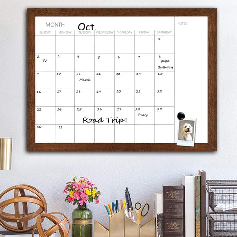 TORASO Dry Erase Monthly Calendar Board, Solid Wood Frame Magnetic Whiteboard for Wall, 12"x 16" Walnut Brown