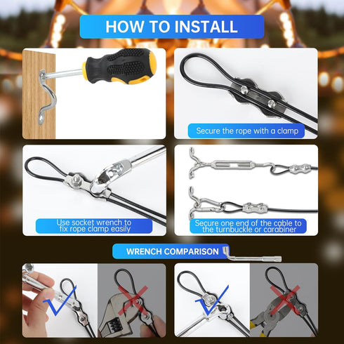 YingYa BIS 165FT Kit,304 480LB String Light Hanging Stainless Steel Cable Kit - Heavy Duty Capacity, Adjustable
