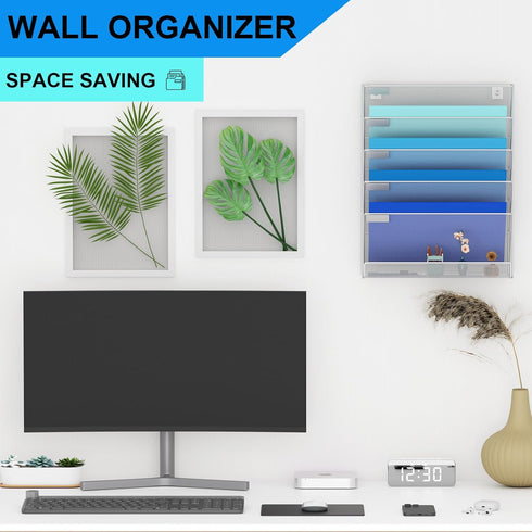 Wall File Organizer Holder, Mesh Hanging Paper Document Holder, Vertical 6 Pocket Tier