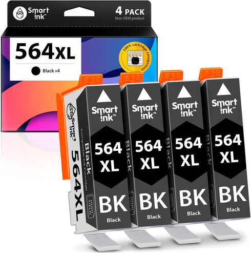 Smart Ink Compatible Ink Cartridge Replacement for HP 564XL, 4 Black Combo Pack for Photosmart 6525 6520 Printers