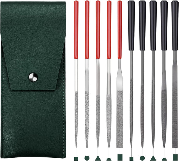 5pcs Mini Diamond Needle Files and 5pcs Mini Steel Needle Files in Synthetic Leather Case for Precision Sanding