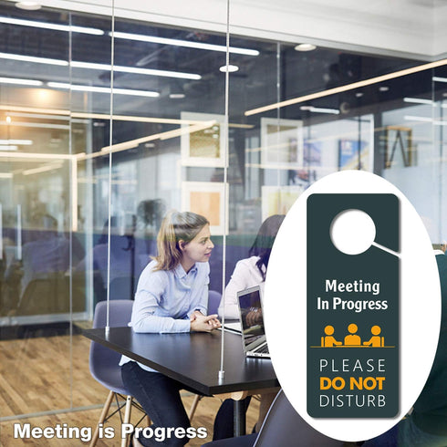 Do Not Disturb Door Hanger Sign, Meeting in Progress, 4 Pack Double Sided 3.5 x 8.7 Inches PVC Plastic for Office,