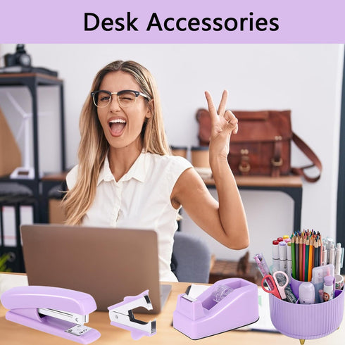suniya Pen,Bookmark,Ect.22pcs Office Supplies,Purple Desk Accessories,Desk Organizer,Stapler,Tape Dispenser,Folding