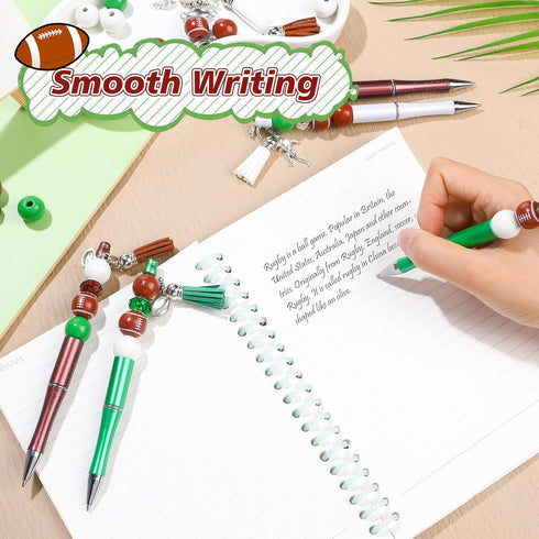 NEWEST 12 Pieces Sports Beadable Pens, Plastic Football Bead Pens, 48 Beads, 12 Tassels, 12 Pendants, DIY Making Kit
