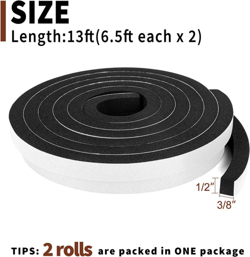 Yotache Foam Seal Tape, 1/2" x 3/8", Self Adhesive Weather Stripping Insulation Foam, 2 Rolls x 6.5 Feet