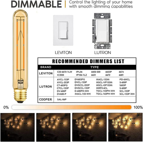 T10 Bulb 8W E26 Bulb 60 AC120V Dimmable 7.3inch Bulb 2700K 600lm E26 Bulb E26 Bulbs 6Pack Leools Amber LED Equal Edison
