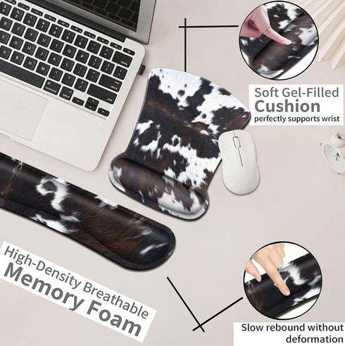 Keyboard Wrist Rest and Mouse Pad Set, Ergonomic Coaster for Easy Typing Pain Relief, Memory Foam, Cowhide Brown Black