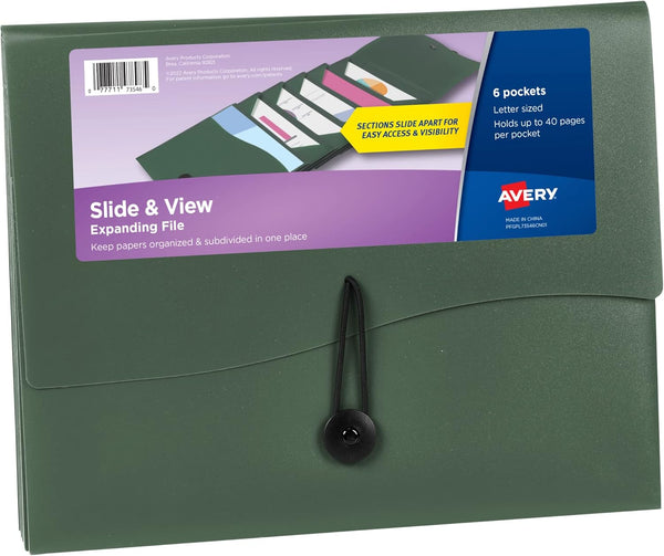Avery Slide & View Expanding File Folder, 6 Pockets, Letter Size, 1 Sage Folder (73546)