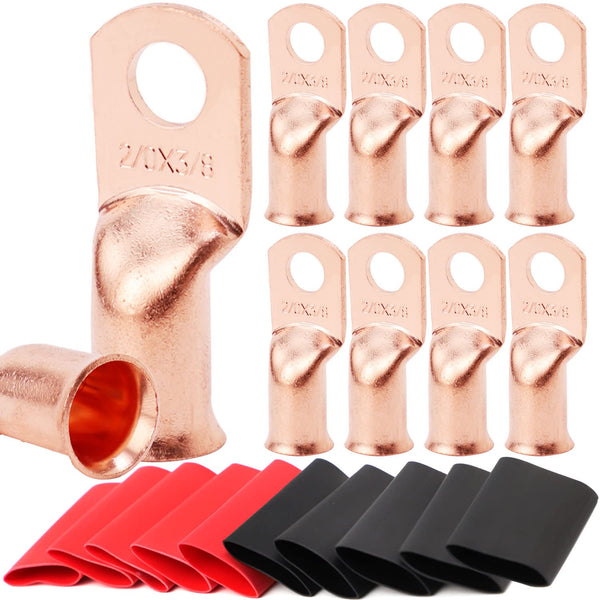 TKDMR 10pcs 2/0 AWG-3/8" Heavy Duty Battery Cable Lug Wire Terminal Connectors with 10pcs 3:1 Dual Wall Heat Shrink