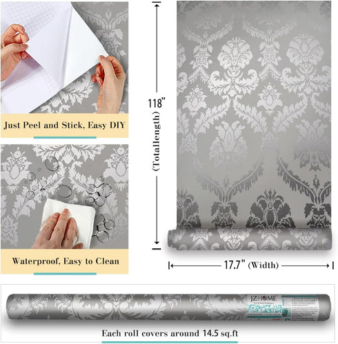 8359 Silver Damask Peel and Stick Wallpaper 17.7 in 9.8ft, Removable Self Adhesive Vinyl Film for Home Decor