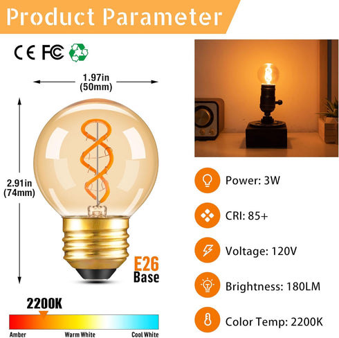 Dimmable E26 G16.5 Bulb 25W 3W Bulbs,G16.5/G50 Bulbs Bulbs 2200K,180LM,6 Pack Vintage Amber LED Light Equal Short Light