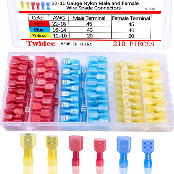 Twidec 210PCS Nylon Spade Connectors Kit - 22-10 Gauge Male and Female Wire Spade Terminal Quick Disconnect Fully