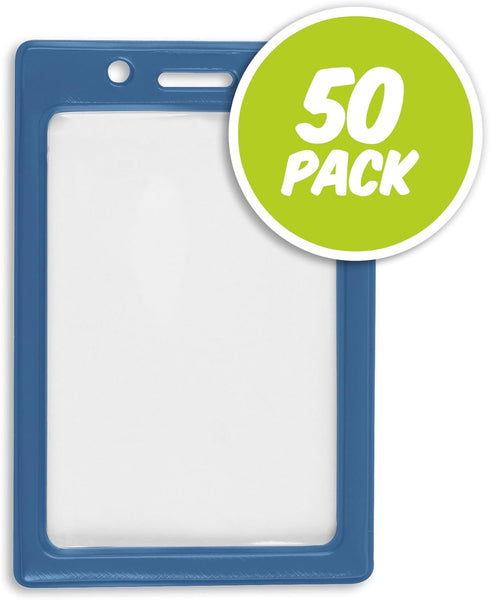 Vertical Badge Holder Frame, Pre-Punched Credit Card Size ID Holder for Lanyards, Chains, or Clips - Royal Blue (50